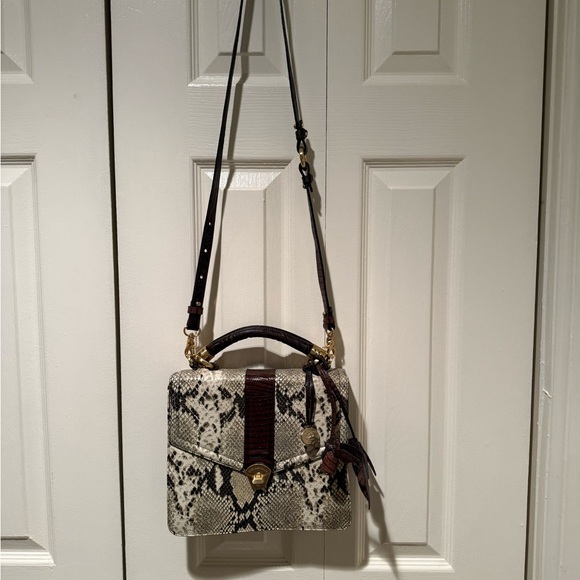 Brahmin Snakeskin Satchel in Cream and Brown with Gold Accents - Picture 2 of 8